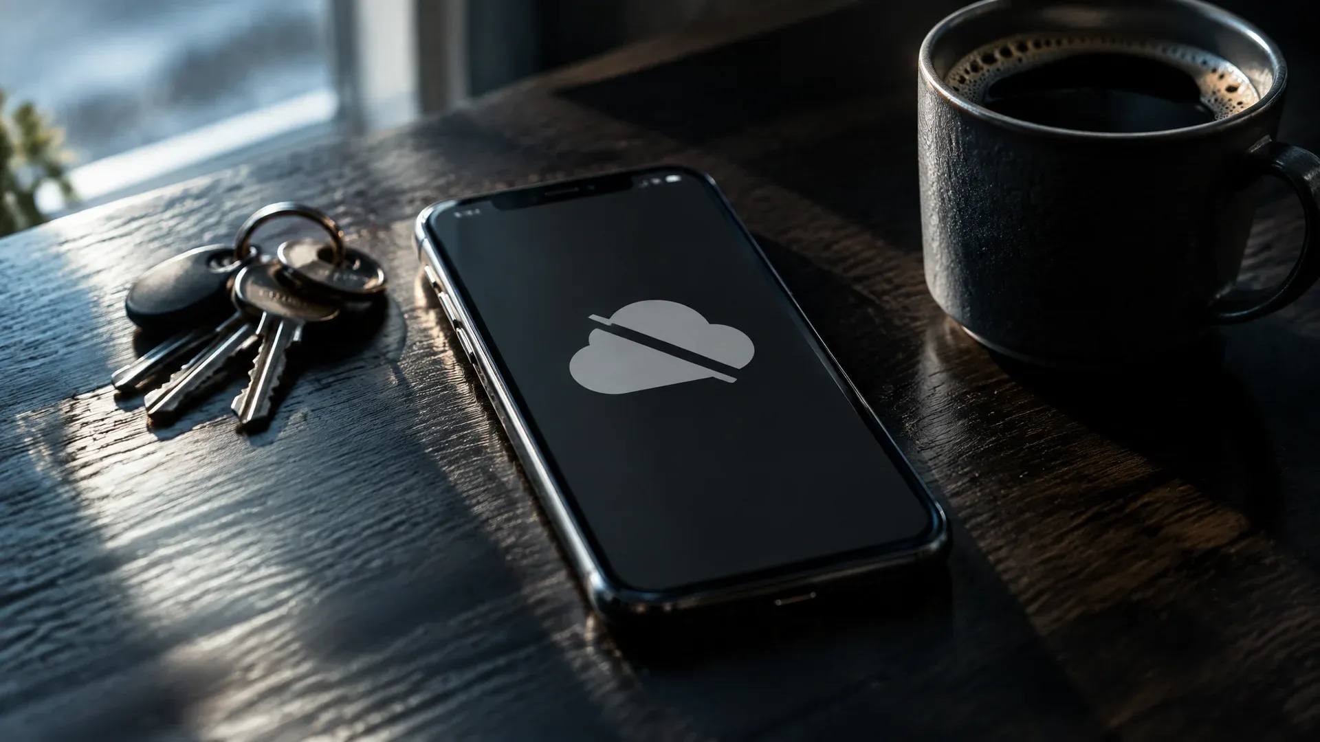 Symbolbild: Smartphone auf einem Holztisch mit durchgestrichenem Wolkensymbol, die App ist offline