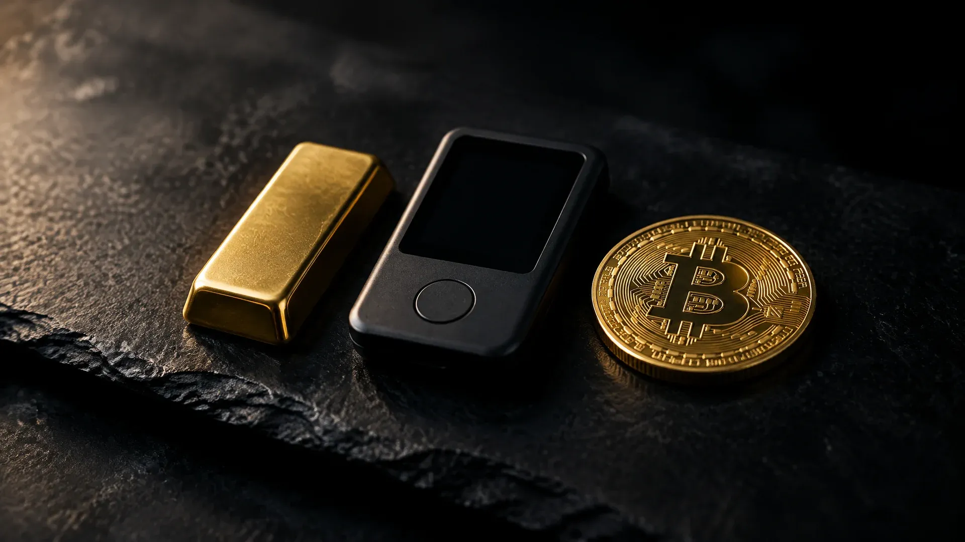 Symbolbild: Goldbarren, Hardware Wallet ohne Marke und eine Münze mit dem Bitcoin-Zeichen nebeneinander auf Schiefer