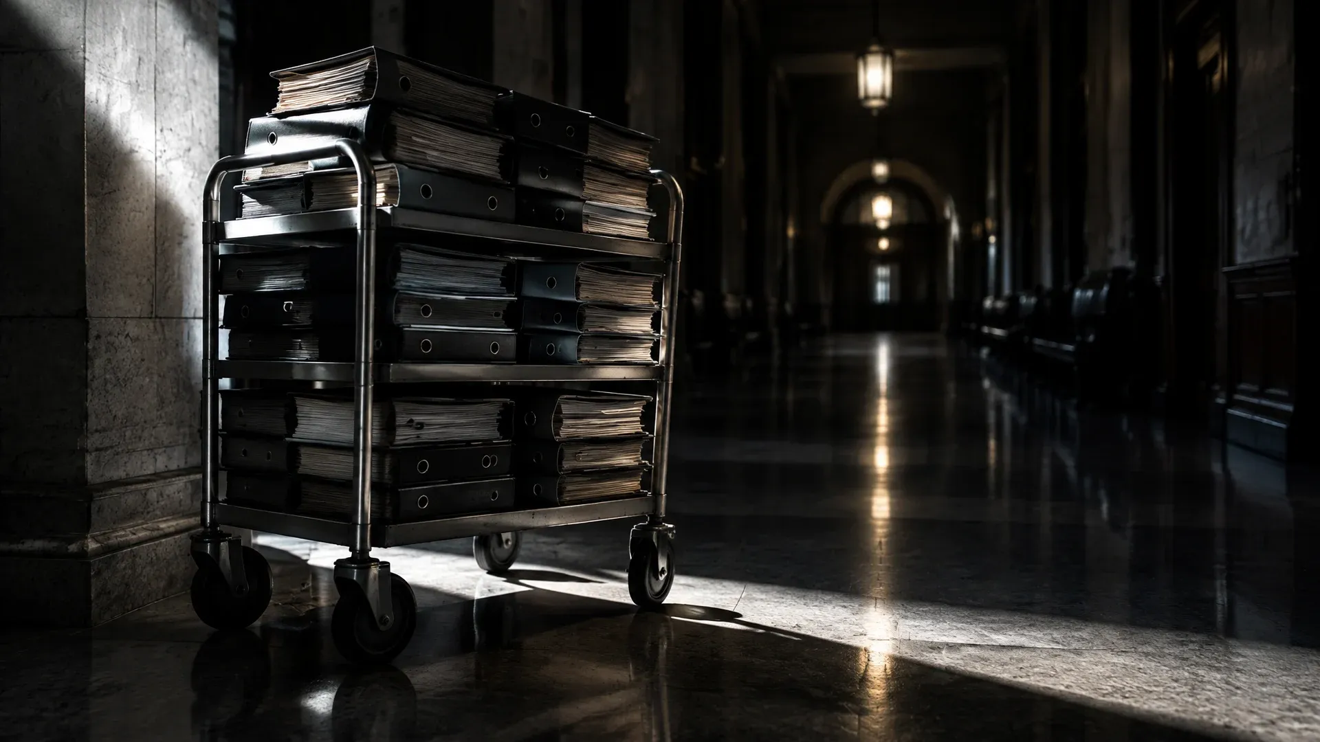 Heavily loaded file trolley with unlabelled binders in a long empty courthouse corridor at night