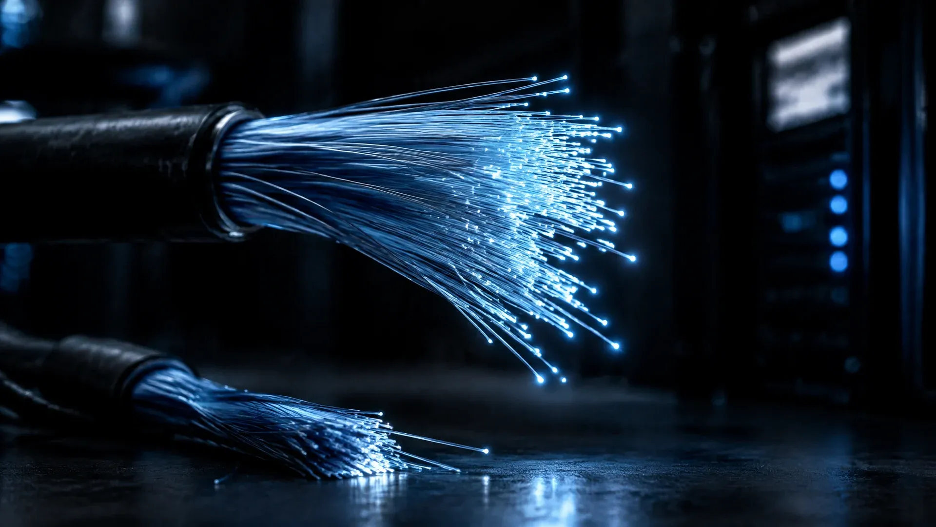 Fanned-out bundle of fibre optic cables with coldly glowing fibre ends in a dark equipment room, one section cut off and lying beside it