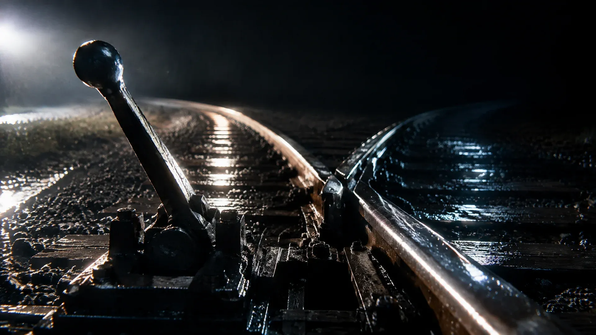 Eisenbahnweiche bei Nacht, an der sich zwei nasse Gleisstränge trennen und in entgegengesetzte Richtungen laufen