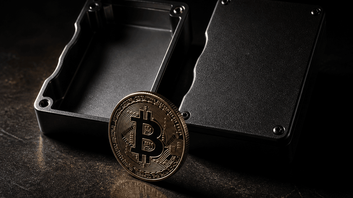 Zwei gleich aussehende schwarze Metallgehäuse nebeneinander, das linke aufgeklappt und innen vollkommen leer, davor eine Münze mit Bitcoin-Symbol