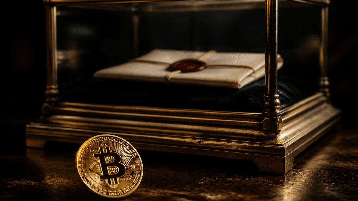 Versiegeltes gefaltetes Dokument mit Wachssiegel in einer Glasvitrine, davor liegt eine Bitcoin-Muenze ausserhalb der Vitrine