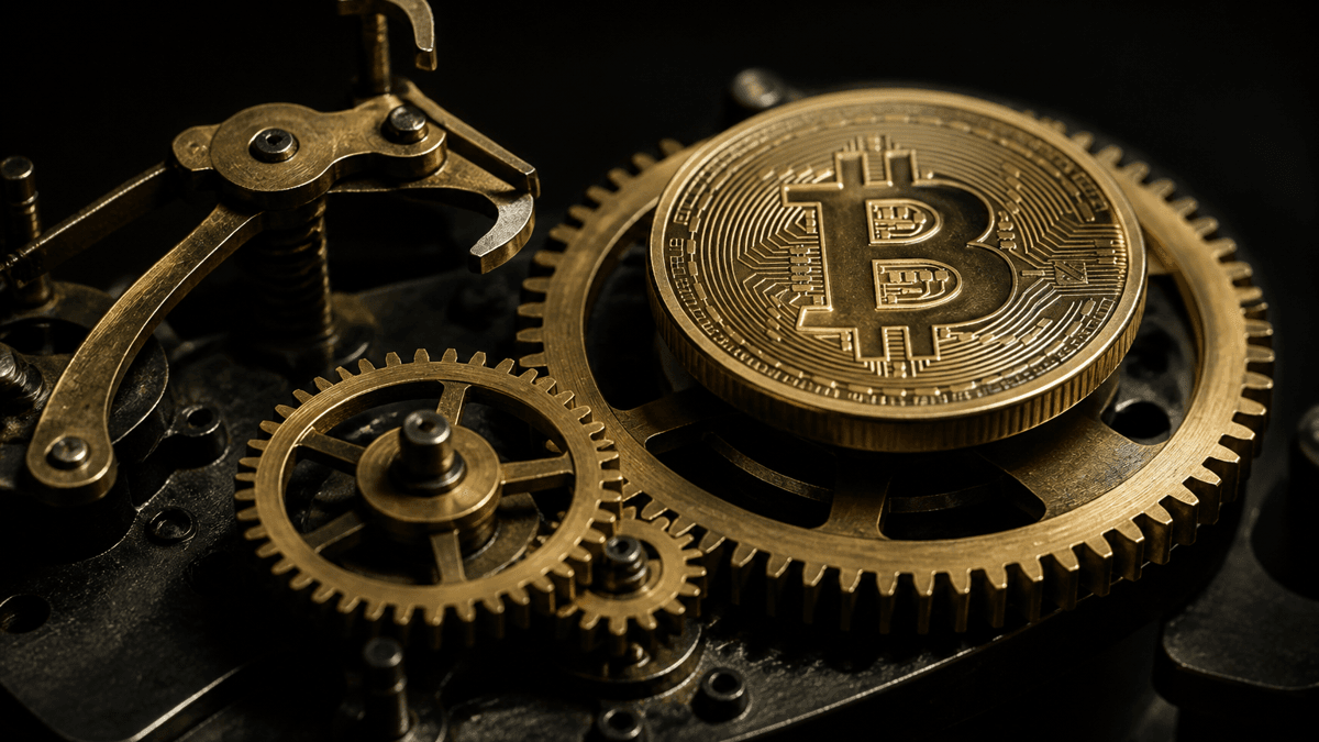 Messing-Zahnraeder unterschiedlicher Groesse mit Sperrklinke, auf dem groessten Rad liegt eine Bitcoin-Muenze