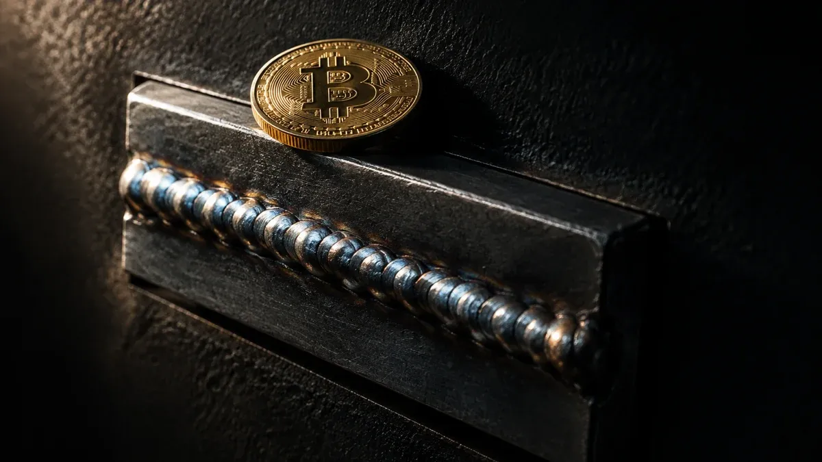 Der zugeschweißte Einwurfschlitz eines stählernen Nachttresors, obenauf eine Münze mit Bitcoin-Zeichen, die nicht mehr hineinpasst