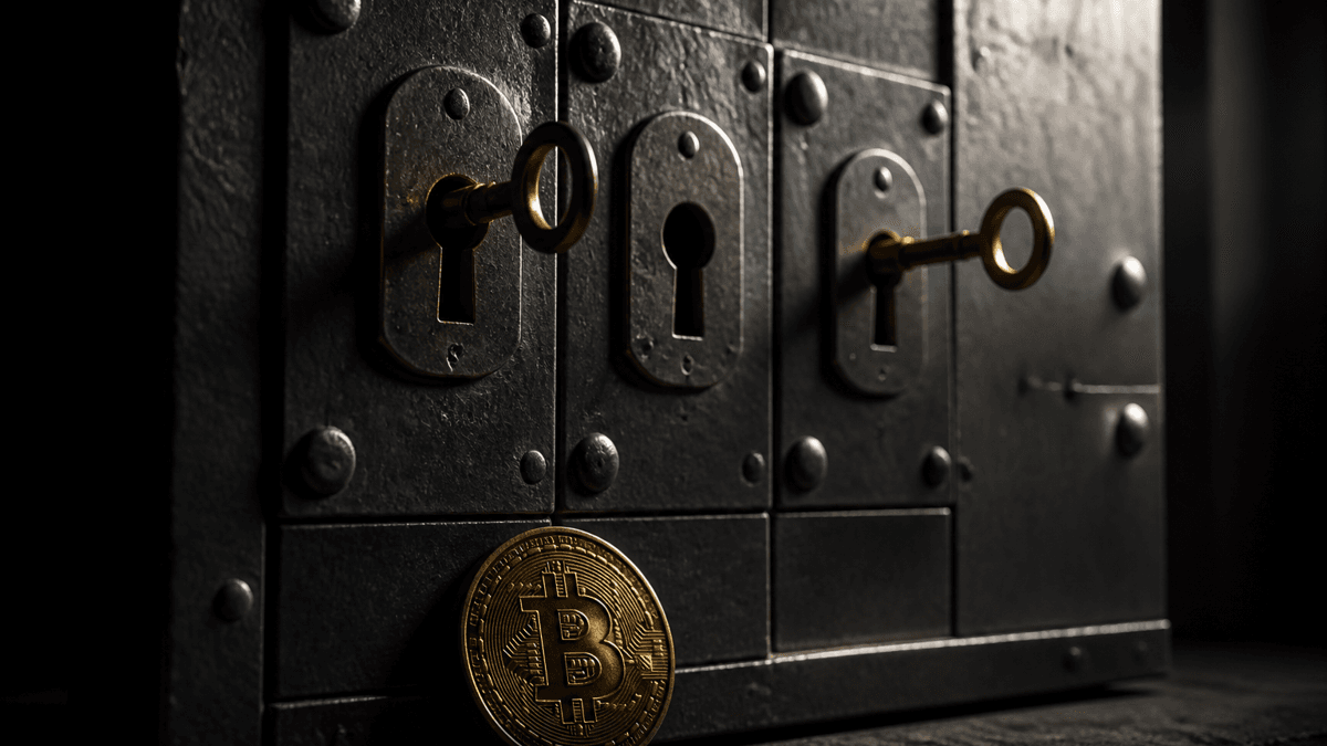 Stahltor mit drei Schlüssellöchern, nur zwei Schlüssel stecken, das Tor bleibt zu, davor eine Bitcoin-Münze
