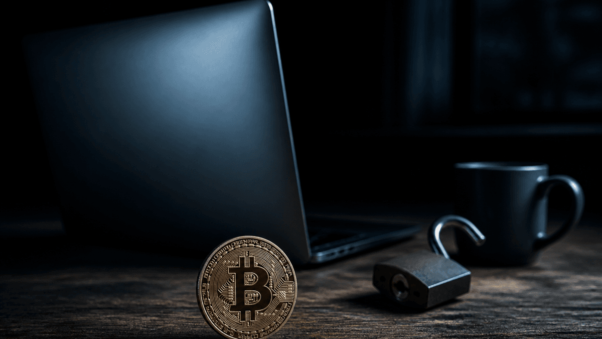 Dunkler leerer Nachtarbeitsplatz mit beleuchtetem Laptop, aufgebrochenem Vorhängeschloss und Bitcoin-Münze