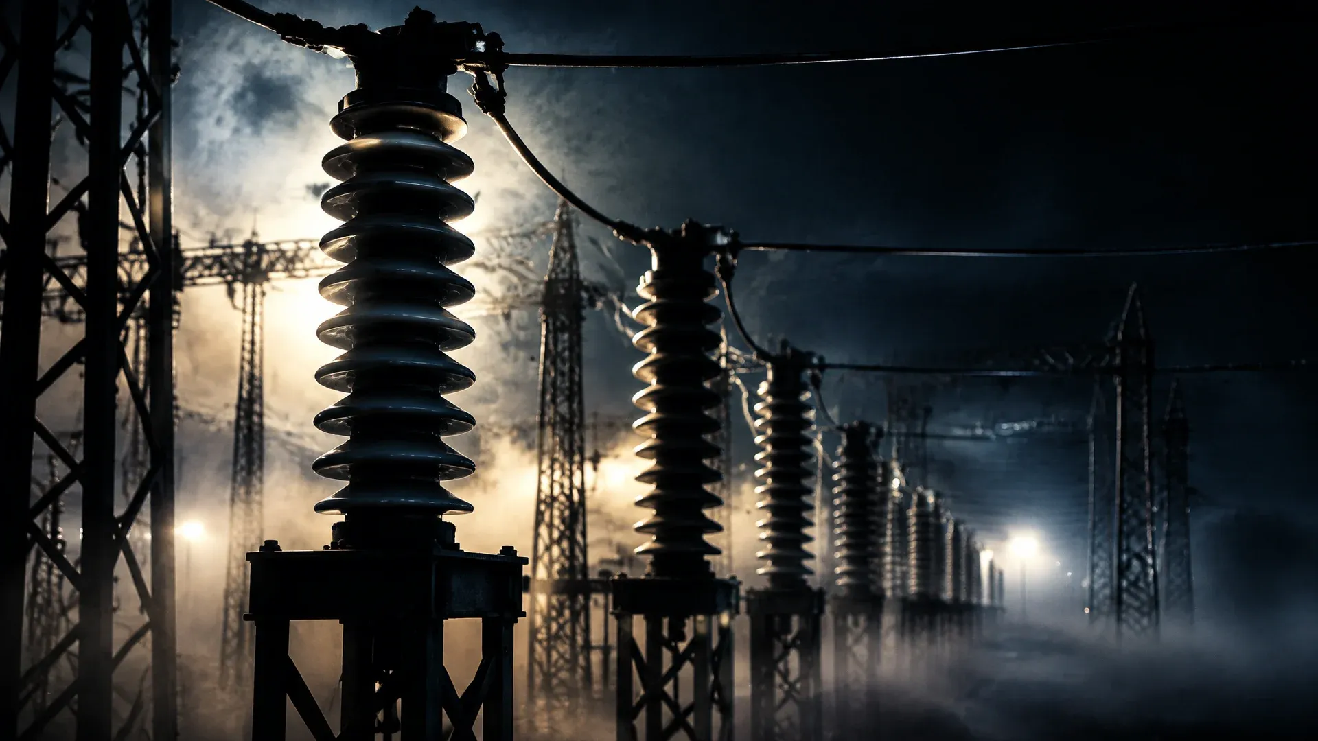 Substation at night with rows of porcelain insulators and steel girders backlit