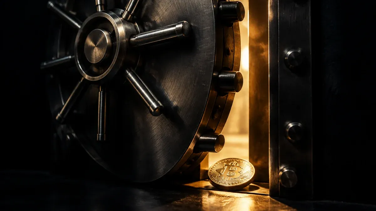 Schweres rundes Tresortor aus Stahl mit Speichenrad, nur handbreit geöffnet, im goldenen Lichtspalt liegt eine Bitcoin-Münze