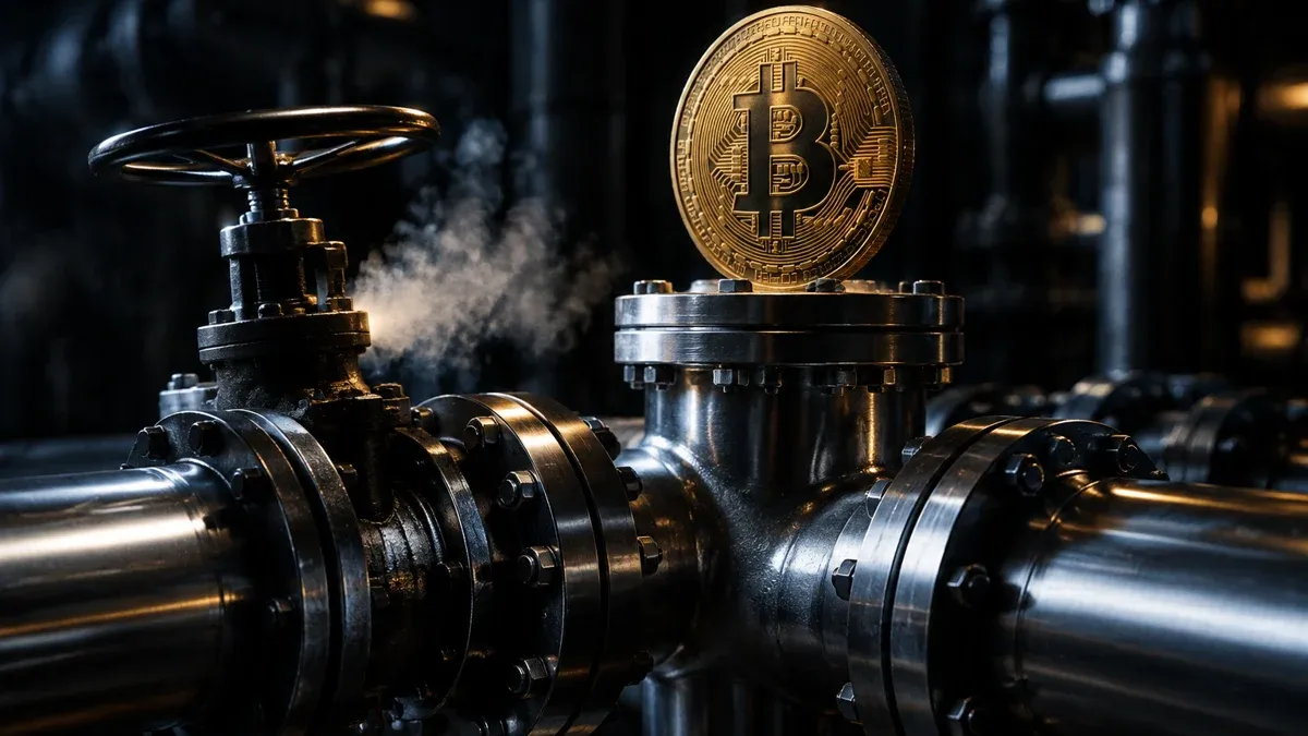 Verteiler aus polierten Stahlrohren und Ventilen in einem dunklen Maschinenraum, an einem Rohrknoten steckt eine goldene Bitcoin-Münze