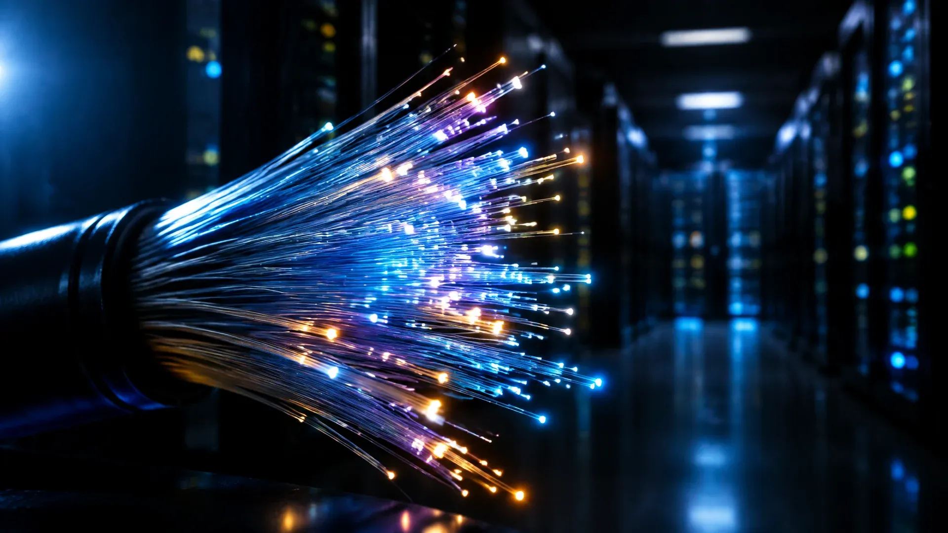 Aufgefächertes Bündel Glasfasern in einem dunklen Serverraum, die Faserenden leuchten unterschiedlich hell