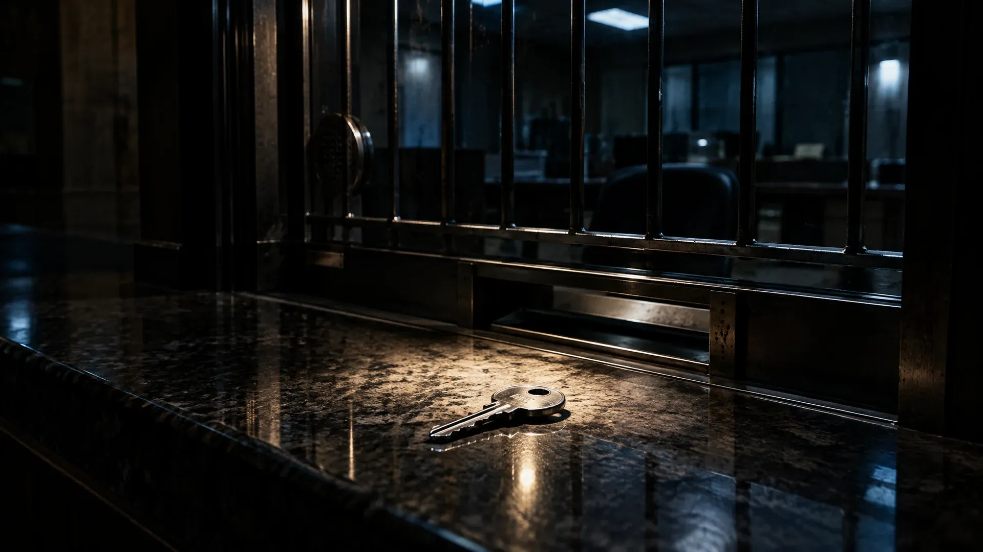 Blanker Schlüssel auf dem Steintresen vor einem vergitterten Bankschalterfenster bei Nacht