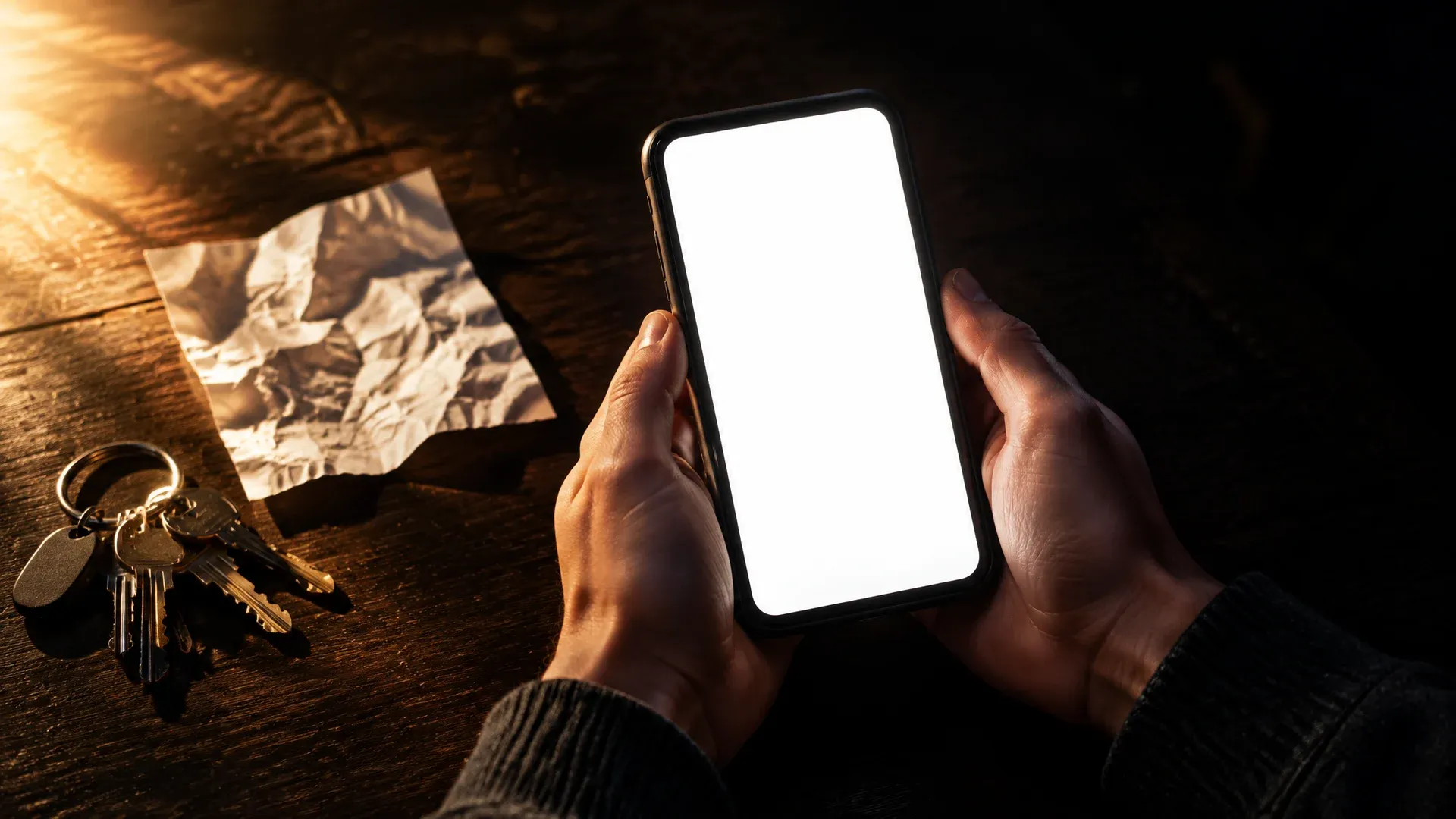Zwei Hände halten ein markenloses Smartphone über einem dunklen Holztisch, das Display leuchtet als weiße Fläche, daneben liegen ein Notizzettel und ein Schlüsselbund