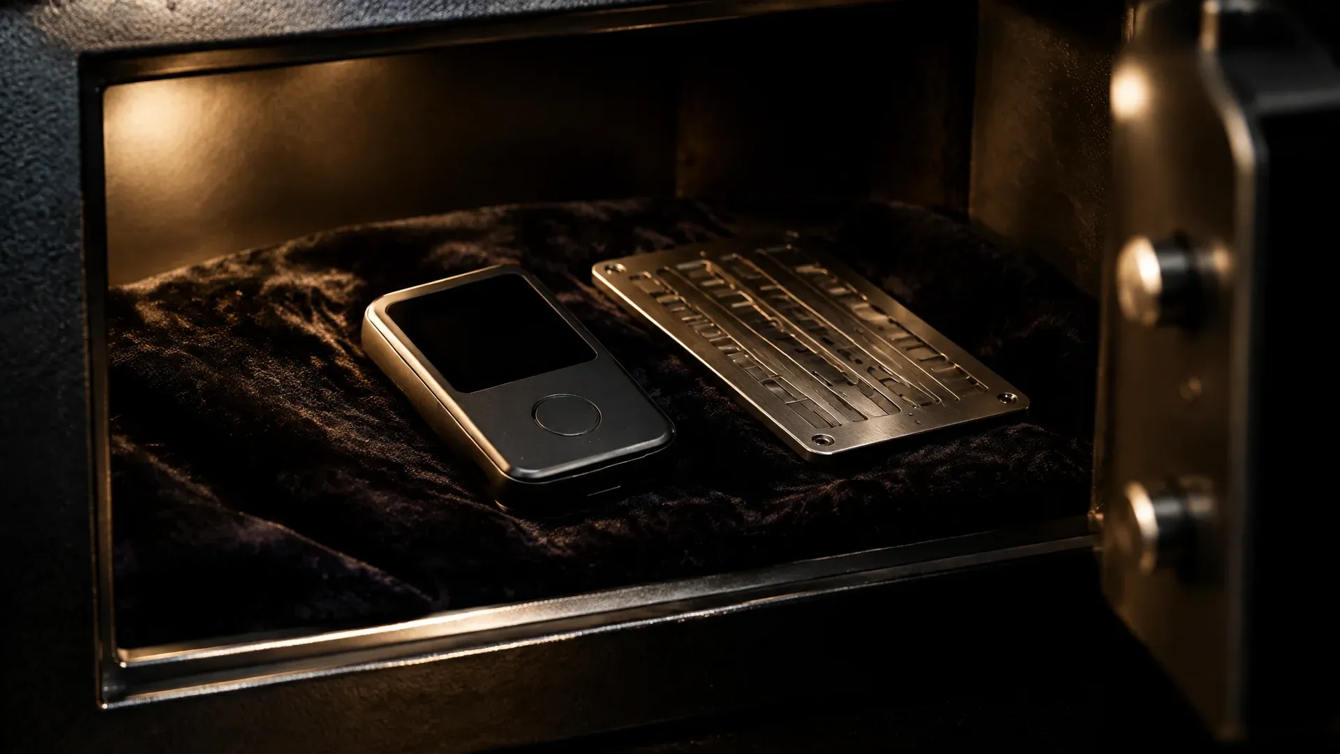 Hardware wallet and a metal backup plate in an open safe deposit box on dark velvet