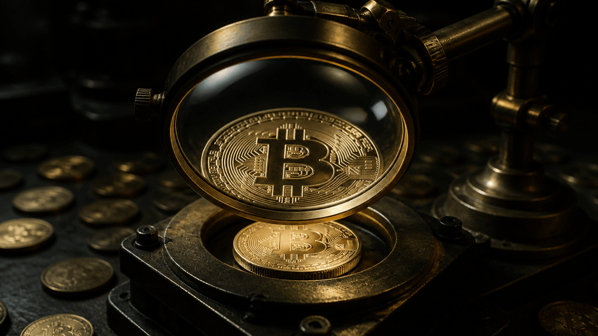 A large brass precision magnifier on an articulated arm enlarging an embossed coin bearing the bitcoin symbol on a cast-iron test bench