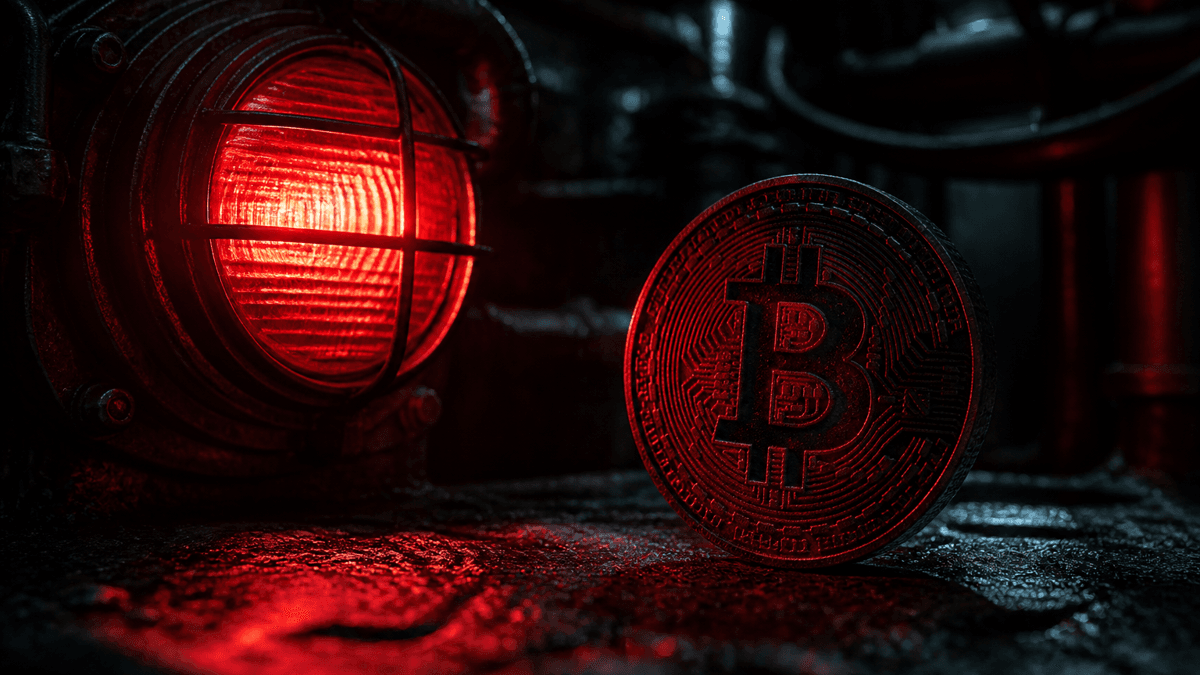 A red industrial signal lamp in a dark machine room casting its light on an embossed coin bearing the bitcoin symbol on wet stone