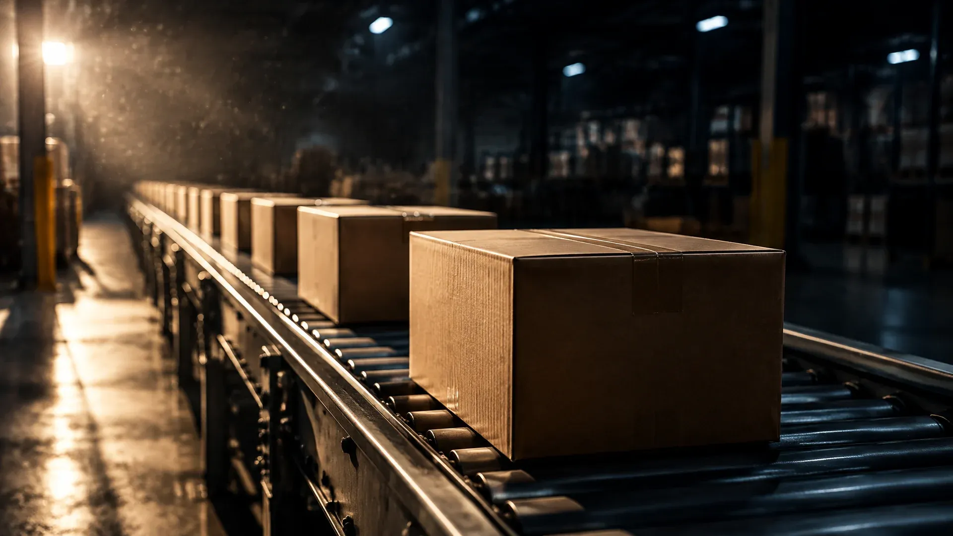 Row of identical-looking brown parcel boxes with no printing on a conveyor belt in a logistics hall at night