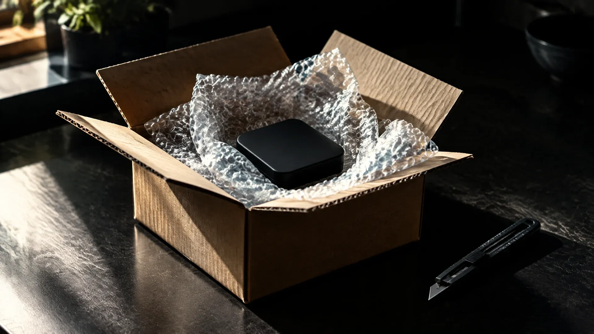Opened shipping box with bubble wrap and a small matte black device without printing on a dark kitchen table
