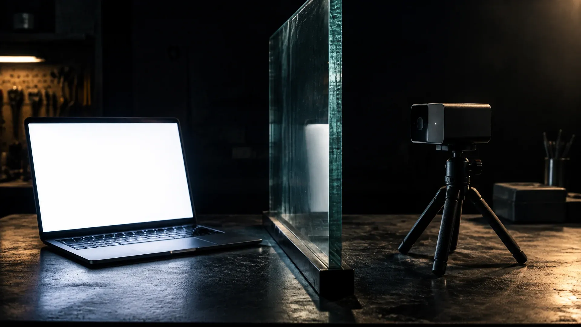 Dunkle Werkbank mit dicker Glastrennwand, links ein aufgeklappter Laptop mit hell leuchtendem Display, rechts ein kleines schwarzes Gerät auf einem Stativ