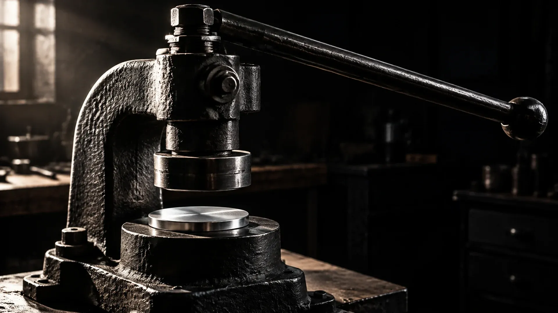 Gusseiserne Prägepresse mit langem Hebel in einer dunklen Werkstatt, darunter eine blanke Metallronde auf dem Amboss