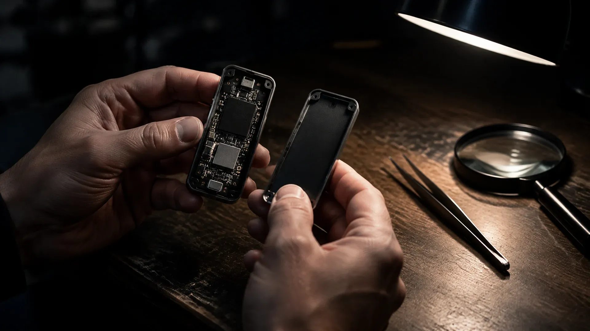 Zwei Hände halten eine markenlose Hardware-Wallet mit abgenommener Rückschale über einem Werkstatttisch mit Pinzette und Lupe