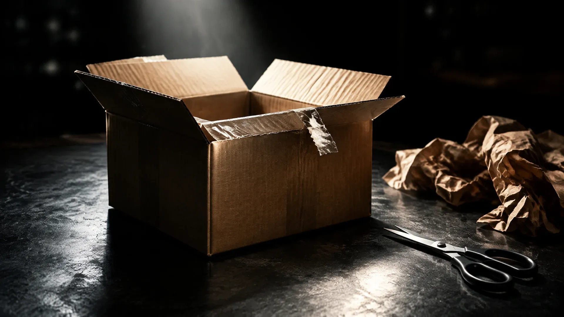 Ein geöffneter Versandkarton mit aufgeschnittenem Klebeverschluss auf einem dunklen Ladentresen, daneben eine Schere und zerknülltes Packpapier