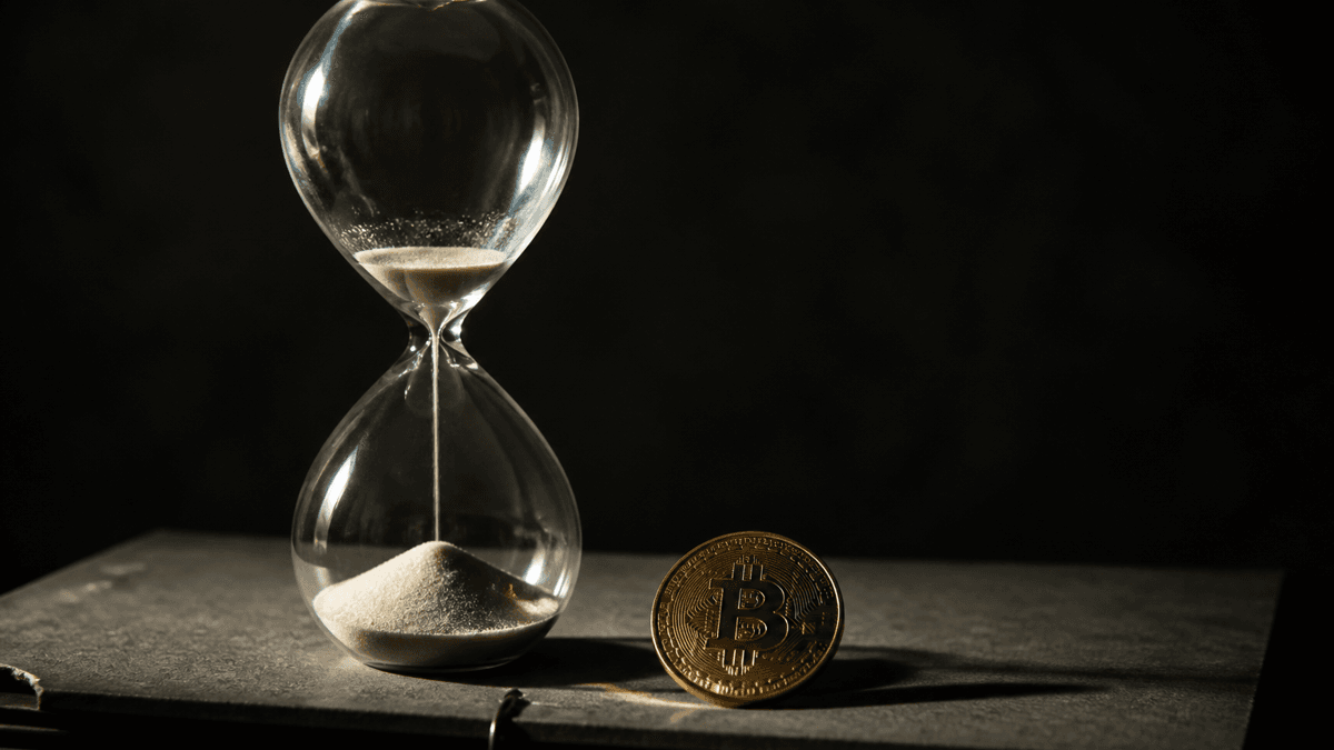 Fast durchgelaufene Sanduhr auf einem geschlossenen grauen Aktendeckel, daneben eine goldene Bitcoin-Münze