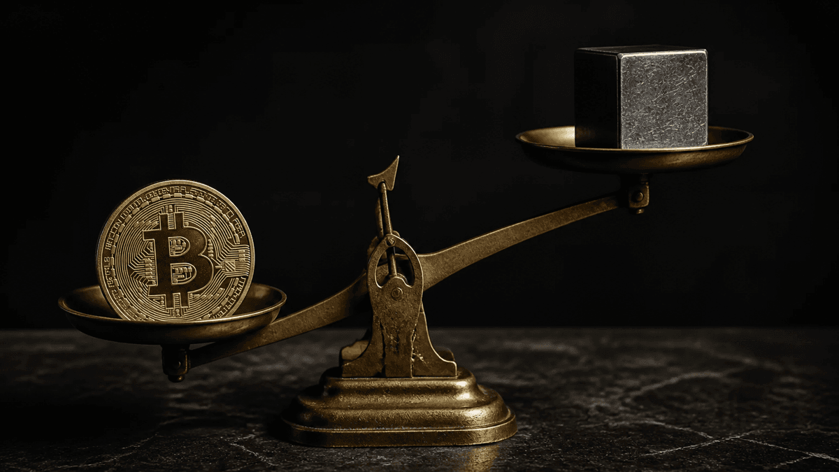 Alte Messing-Balkenwaage auf dunklem Stein, links sinkt eine Bitcoin-Münze nach unten, rechts steigt ein leerer Metallwürfel nach oben
