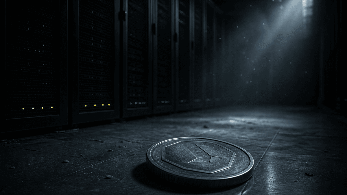 Verlassener Serverraum mit erlöschenden Statuslichtern, im Vordergrund eine Münze auf dem Boden