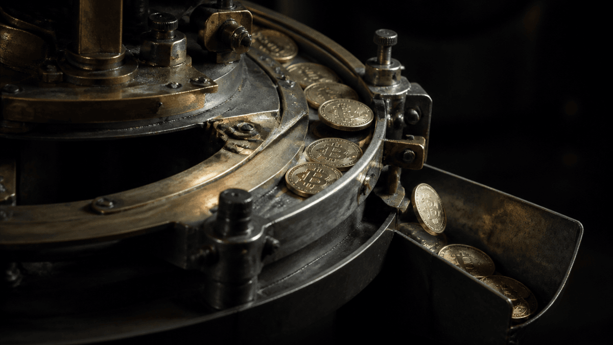 Mechanische Münzsortiermaschine aus Messing, Bitcoin-Münzen rollen durch die Rinne, ein Teil fällt seitlich in ein Auffangfach ab