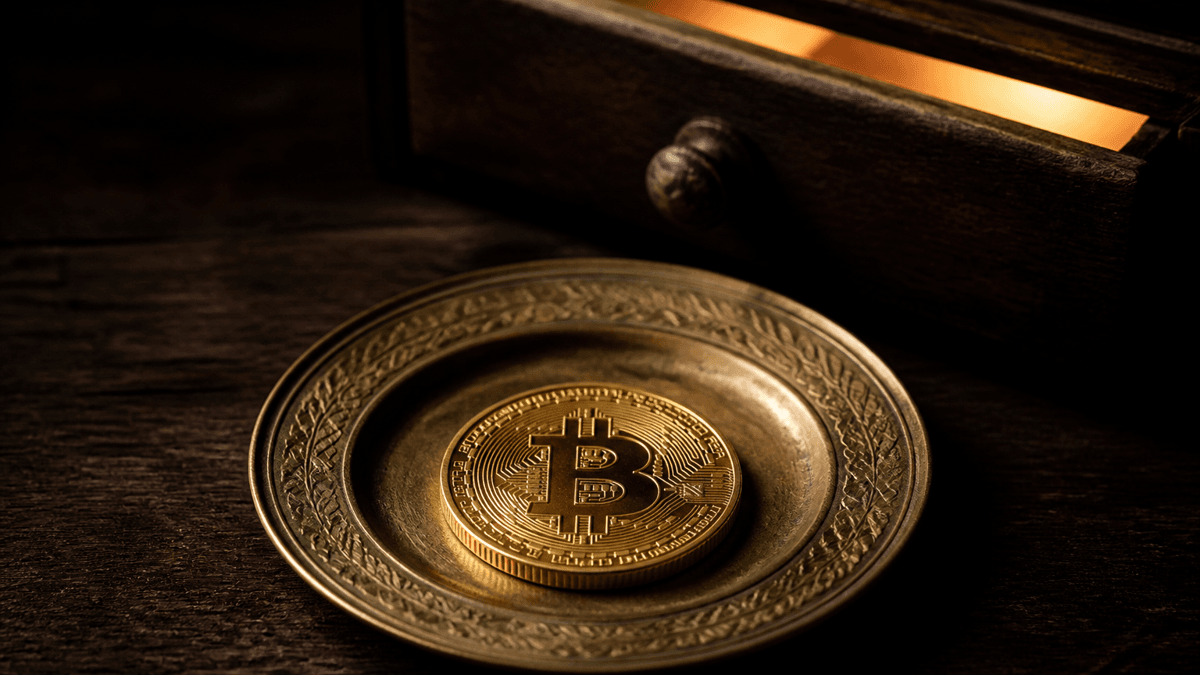 Gravierter Messing-Zahlteller auf dunklem Holz mit einer Bitcoin-Münze, dahinter eine halb geöffnete Schublade