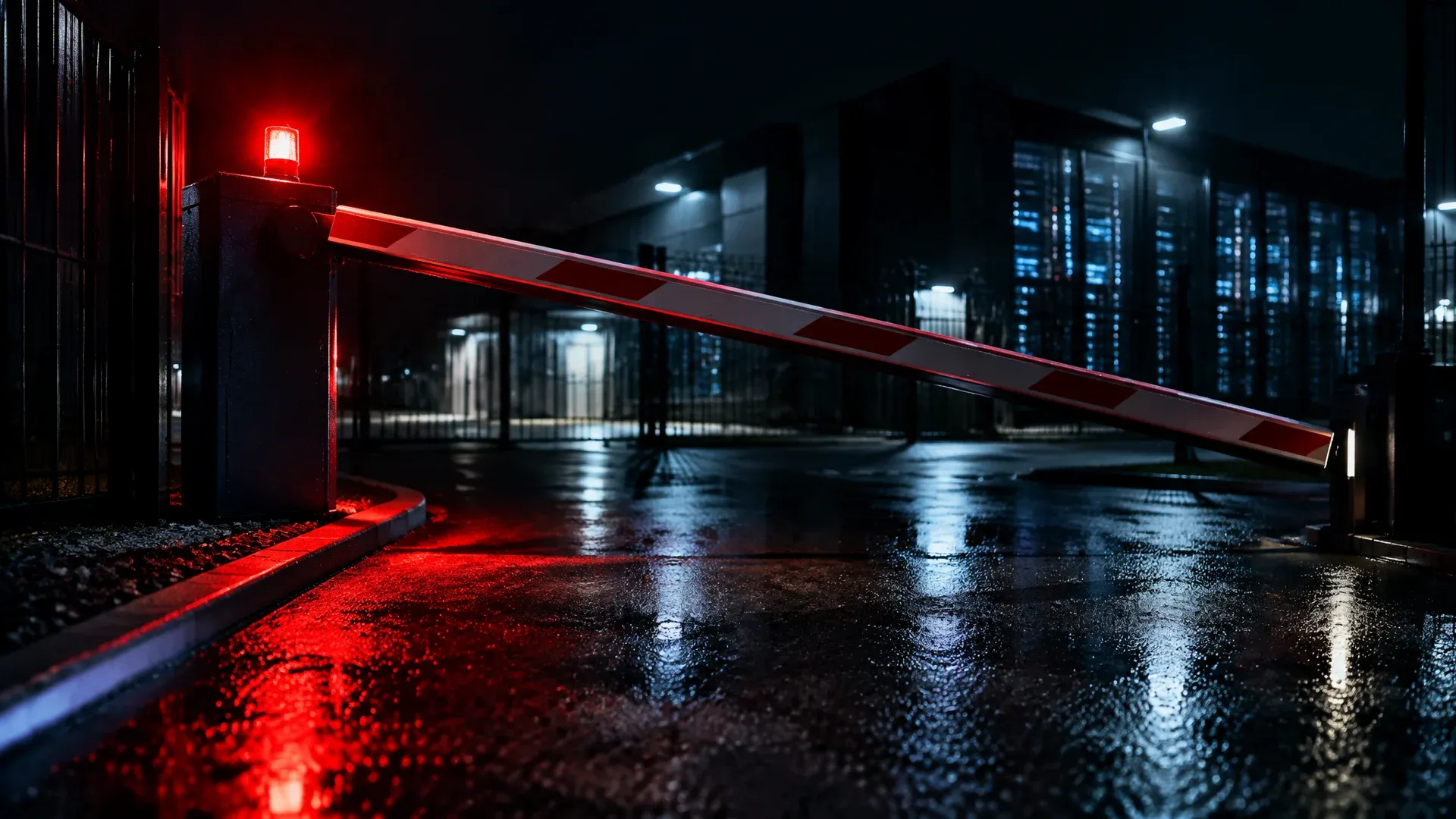 A barrier arm lowering in front of the gate of a data centre at night with a red flashing light
