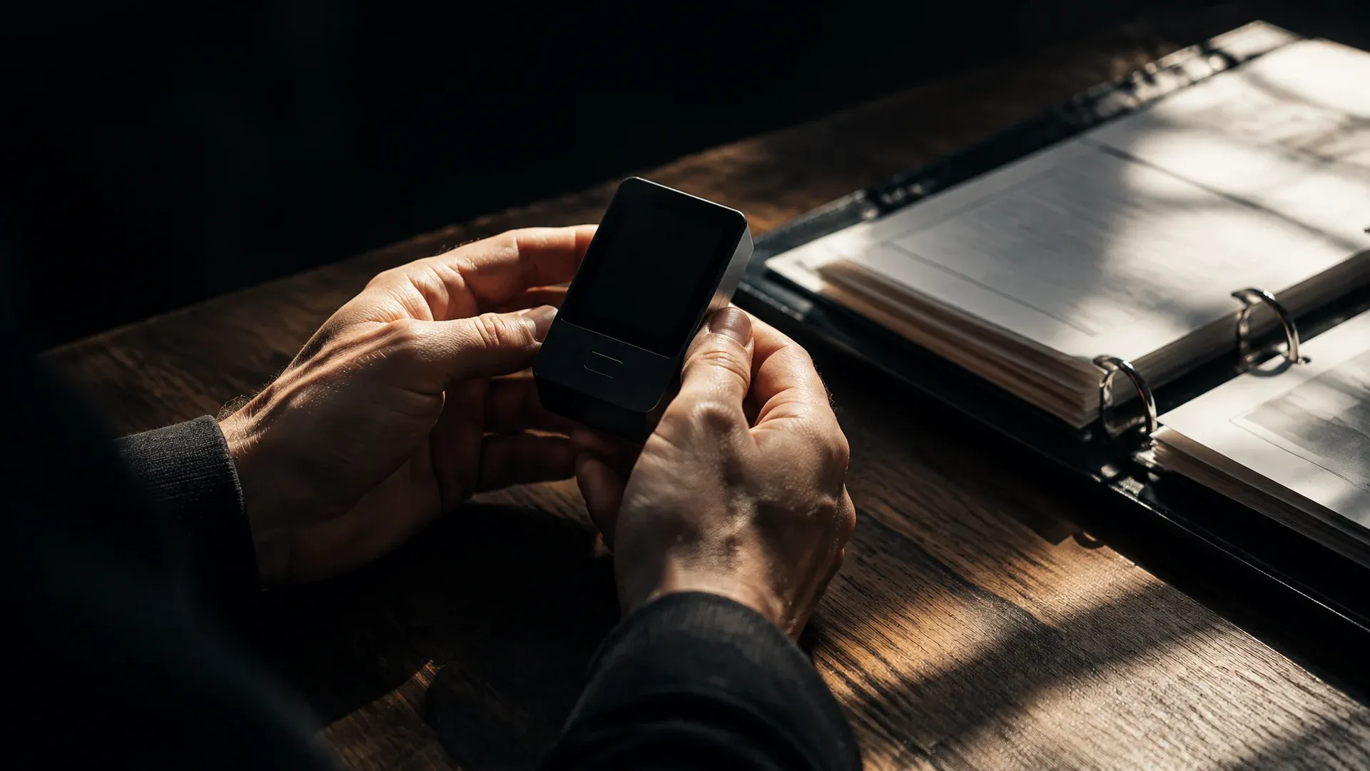 Two hands holding an unbranded hardware wallet above a wooden table with an open ring binder