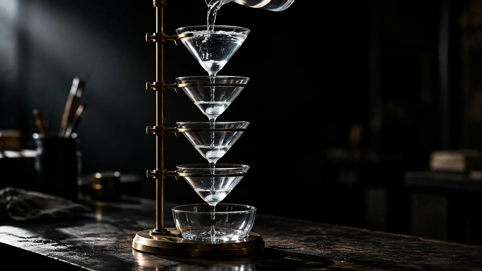 Four staggered glass funnels in a brass frame on a dark workbench, water poured in at the top, visibly less collecting in the bowl below