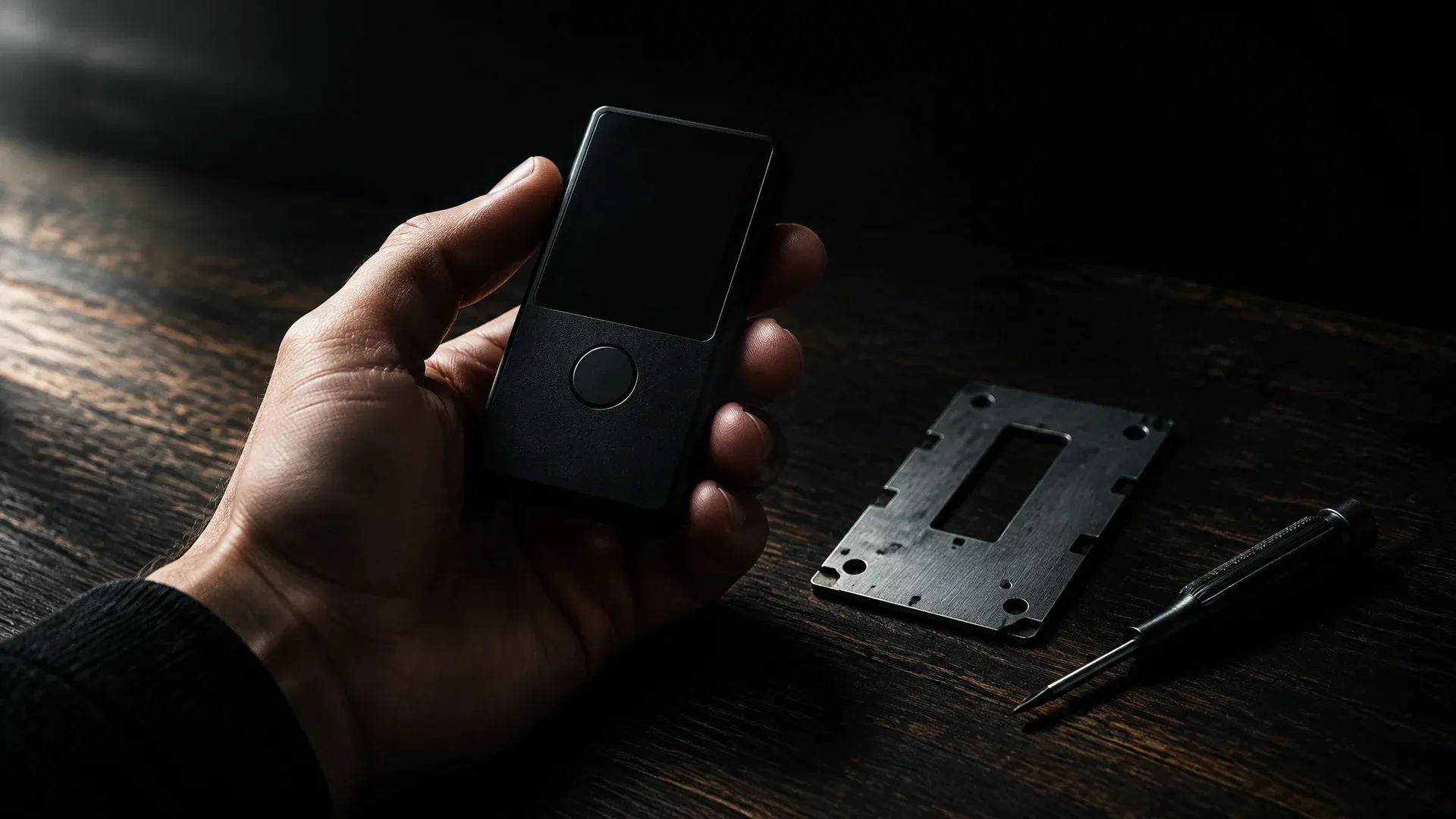 A hand holds an unbranded black hardware wallet with a dark display above a wooden table, next to it a stamped metal plate and a small screwdriver