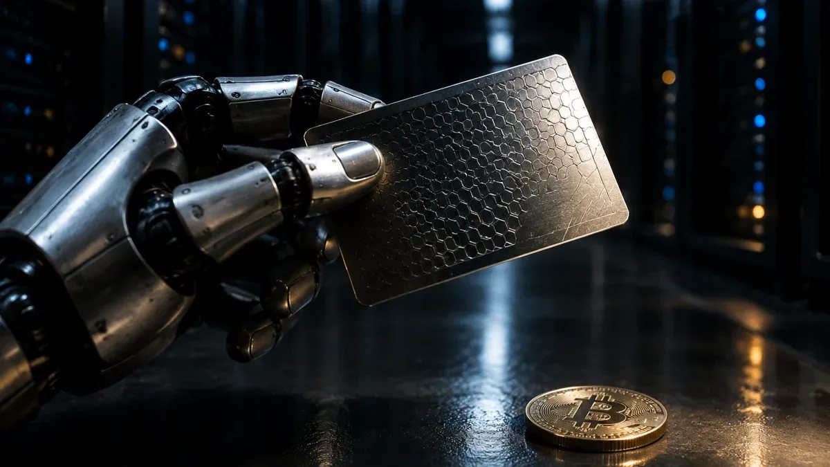 Roboterhand haelt eine gepraegte Metall-Ausweiskarte in einem dunklen Rechenzentrum