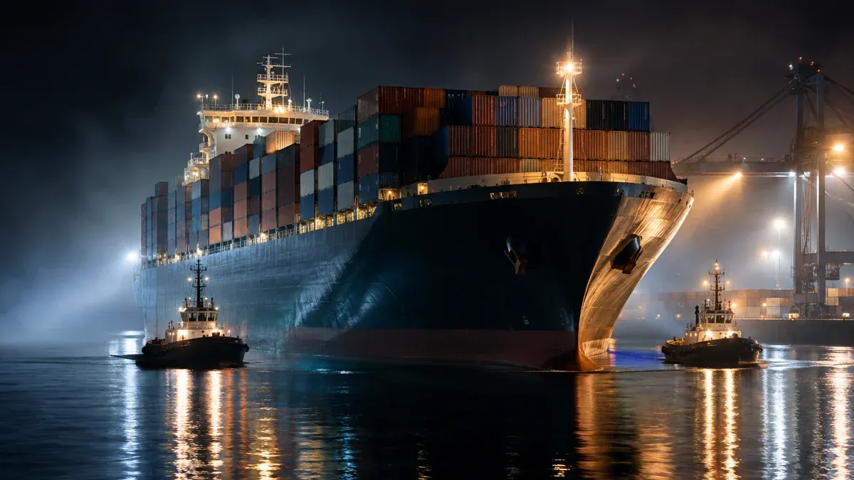 Großes Containerschiff läuft nachts mit zwei Schleppern in einen Hafen ein