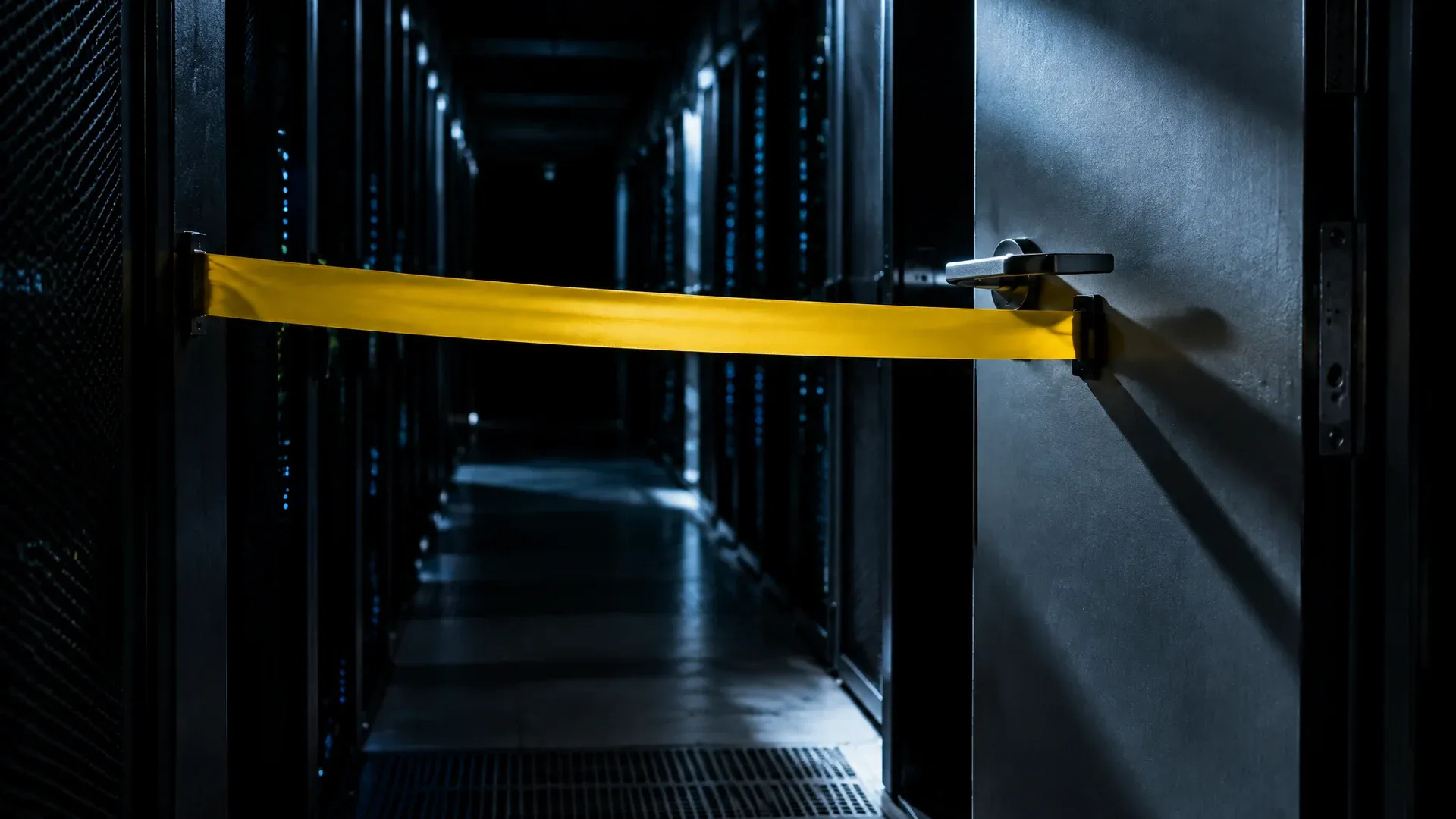 Gelbes Absperrband vor einer halb geöffneten Stahltür am Ende eines Serverflurs, dahinter verlieren sich Rackreihen im Dunkeln