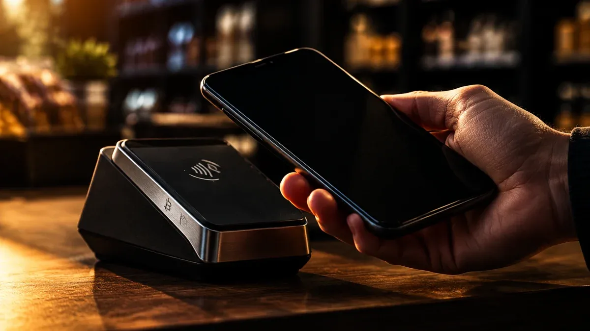 Eine Hand hält ein randloses Smartphone mit dunklem Display vor ein Kartenlesegerät auf einem Ladentisch