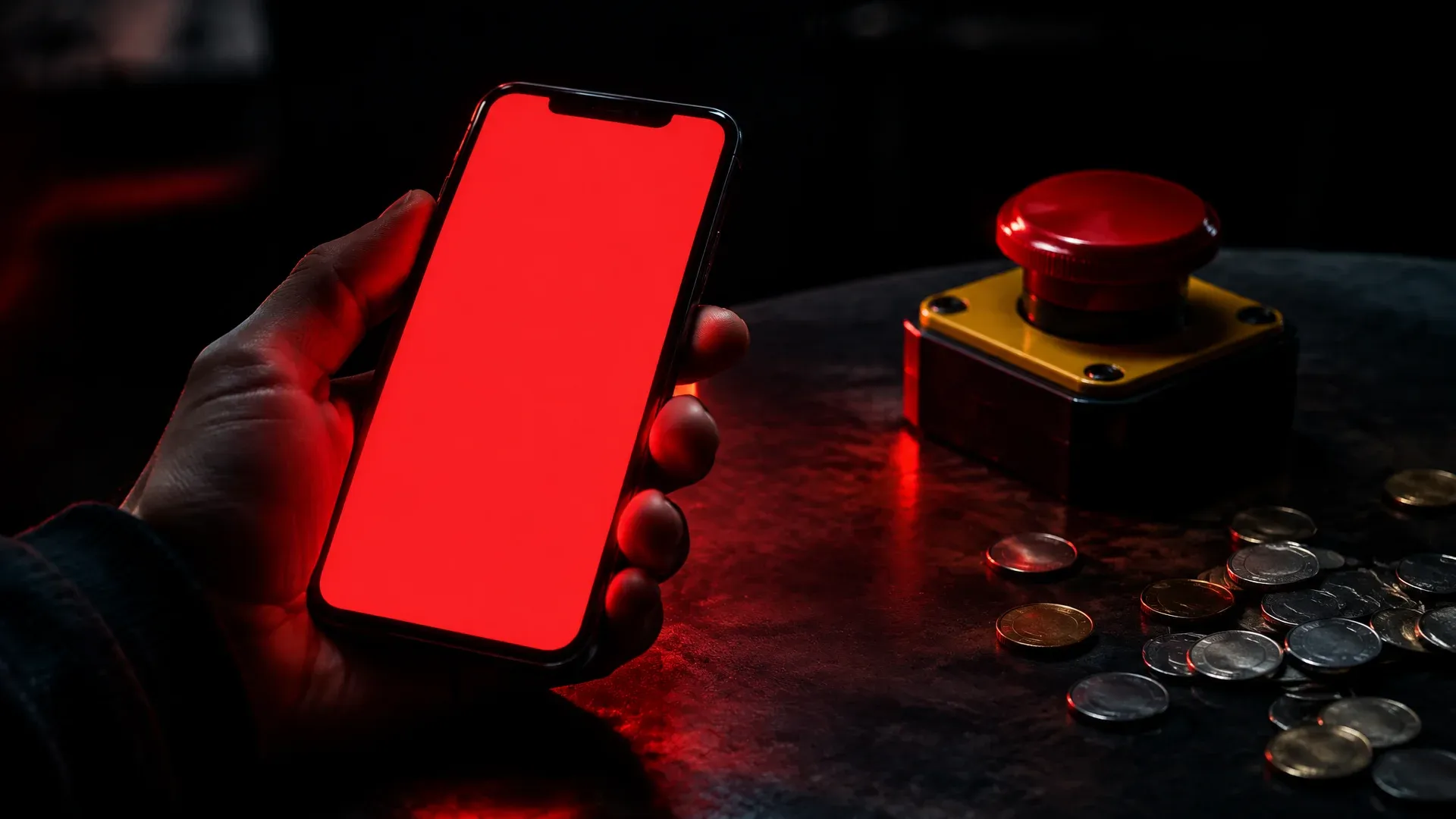 Hand holding a red glowing smartphone next to a red emergency stop button and coins