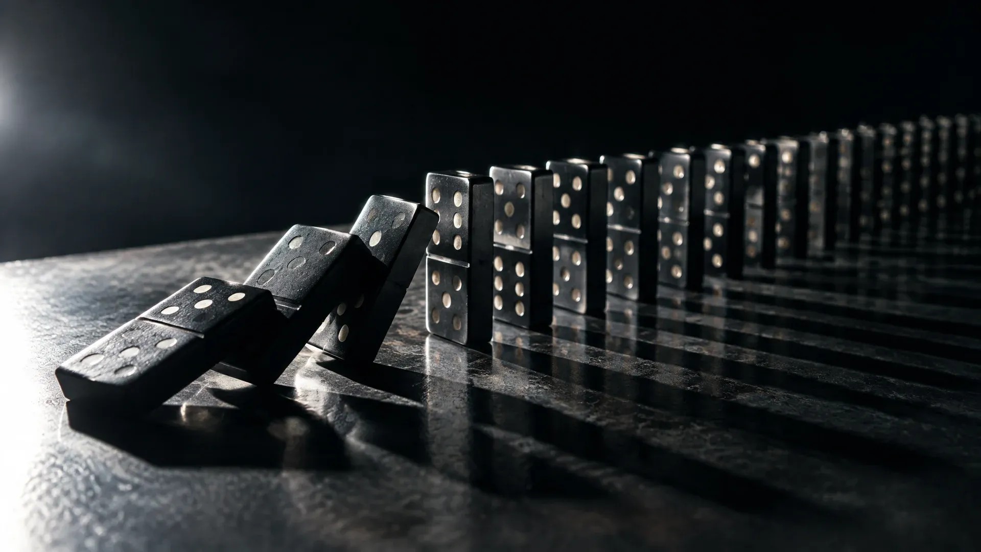 Lange Reihe aufrecht stehender Dominosteine auf dunklem Metalltisch, die ersten drei kippen gerade
