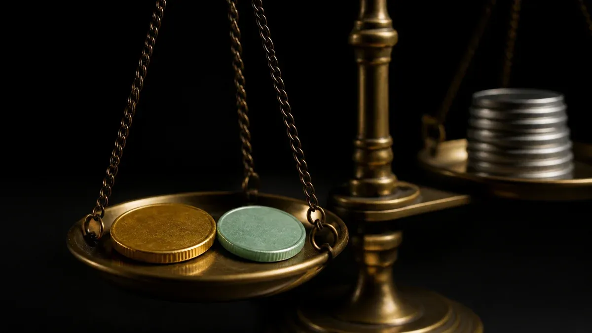 Two coins pledged on a brass dish, next to them a stack of silver chips