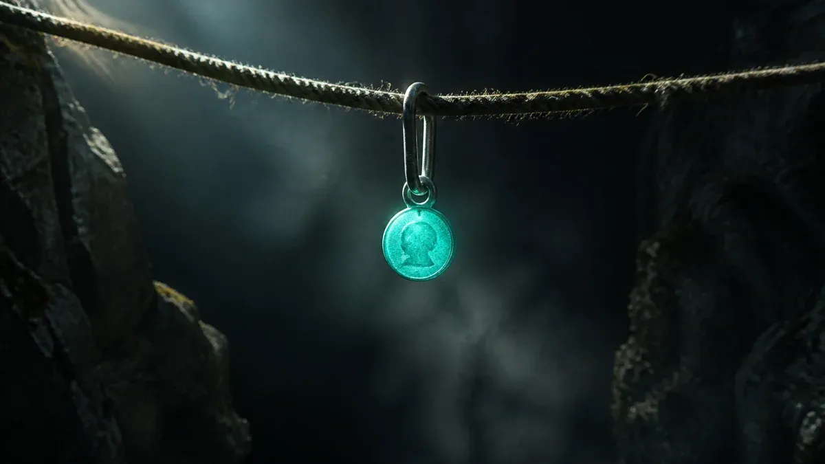 Mint green glowing coin hanging from a rope above a dark ravine