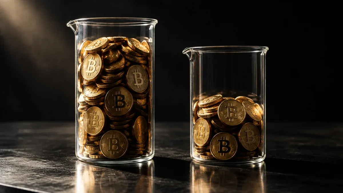 Zwei gleich geformte Glasbehälter auf einem dunklen Stahltisch, beide mit denselben Goldmünzen gefüllt, der linke deutlich höher gefüllt als der rechte.
