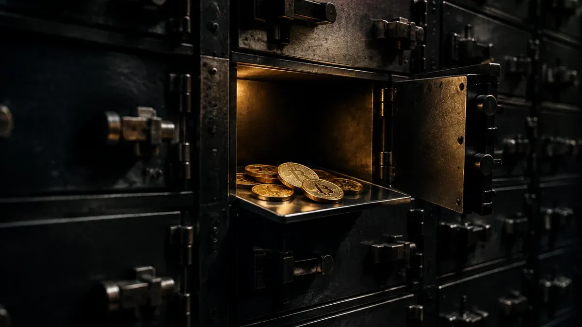 Eine dunkle Tresorwand aus vielen verriegelten Schließfächern, von denen genau eines offen steht und eine kleine Handvoll Goldmünzen auf einem Metalltablett zeigt.