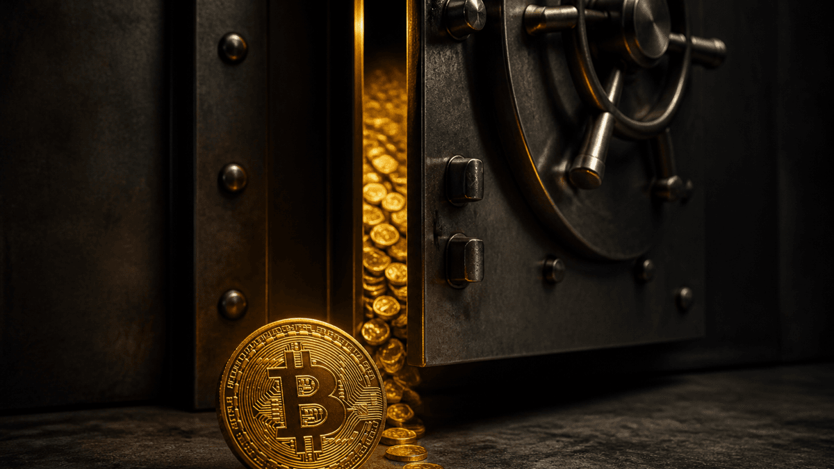 Heavy steel vault door open only a crack, with a narrow line of gold coins trickling out while a mound of coins lies behind it in the half-dark