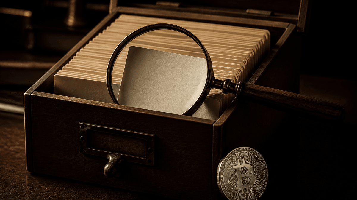 Geöffneter hölzerner Karteikasten mit leeren Karteikarten, darauf eine Lupe, daneben eine Silbermünze mit Bitcoin-Zeichen