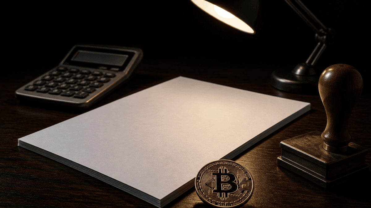 Dunkler Schreibtisch bei Lampenlicht mit leerem Formular, Metallstempel, Tischrechner und Goldmünze mit Bitcoin-Zeichen