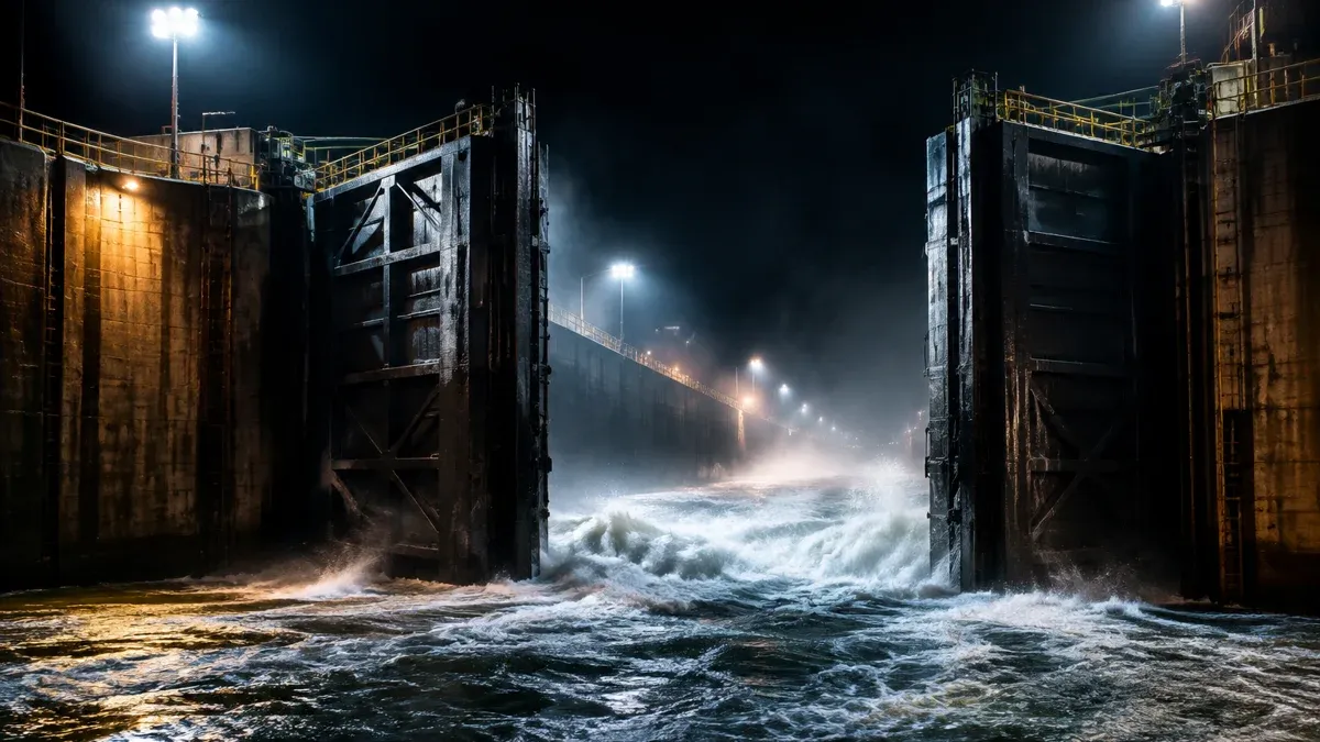 Schleusentor öffnet sich bei Nacht, Wasser strömt hindurch