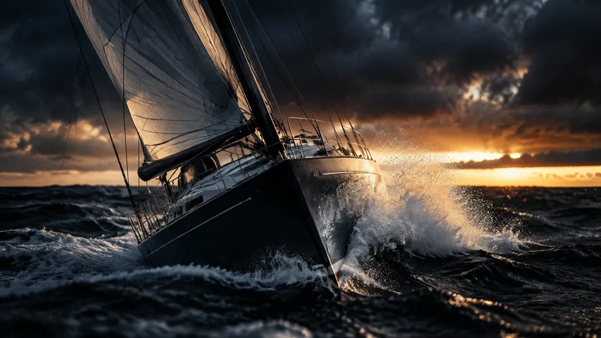 Segelyacht in Schräglage bei starkem Wind auf dunkler See in der Dämmerung
